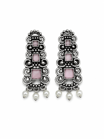 Oxidised Pink Stone Pearl Drop Earrings