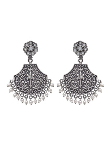 Silver Mirror Chandbali Earrings with Pearl Drops