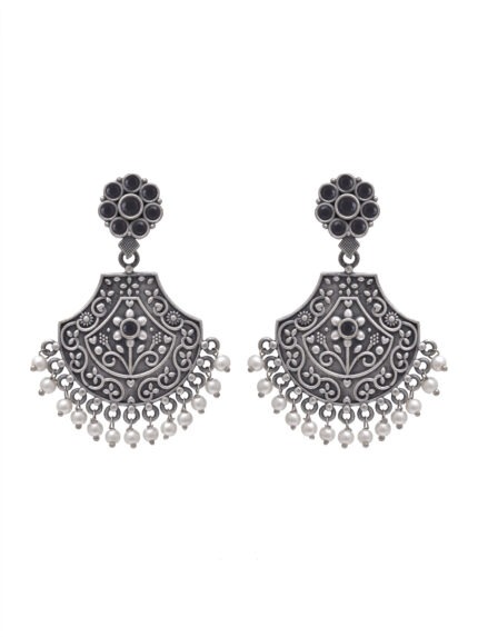 Black Stone Chandbali Earrings with Pearl Drops