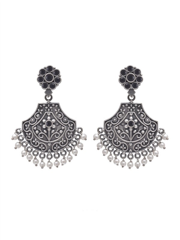 Black Stone Chandbali Earrings with Pearl Drops