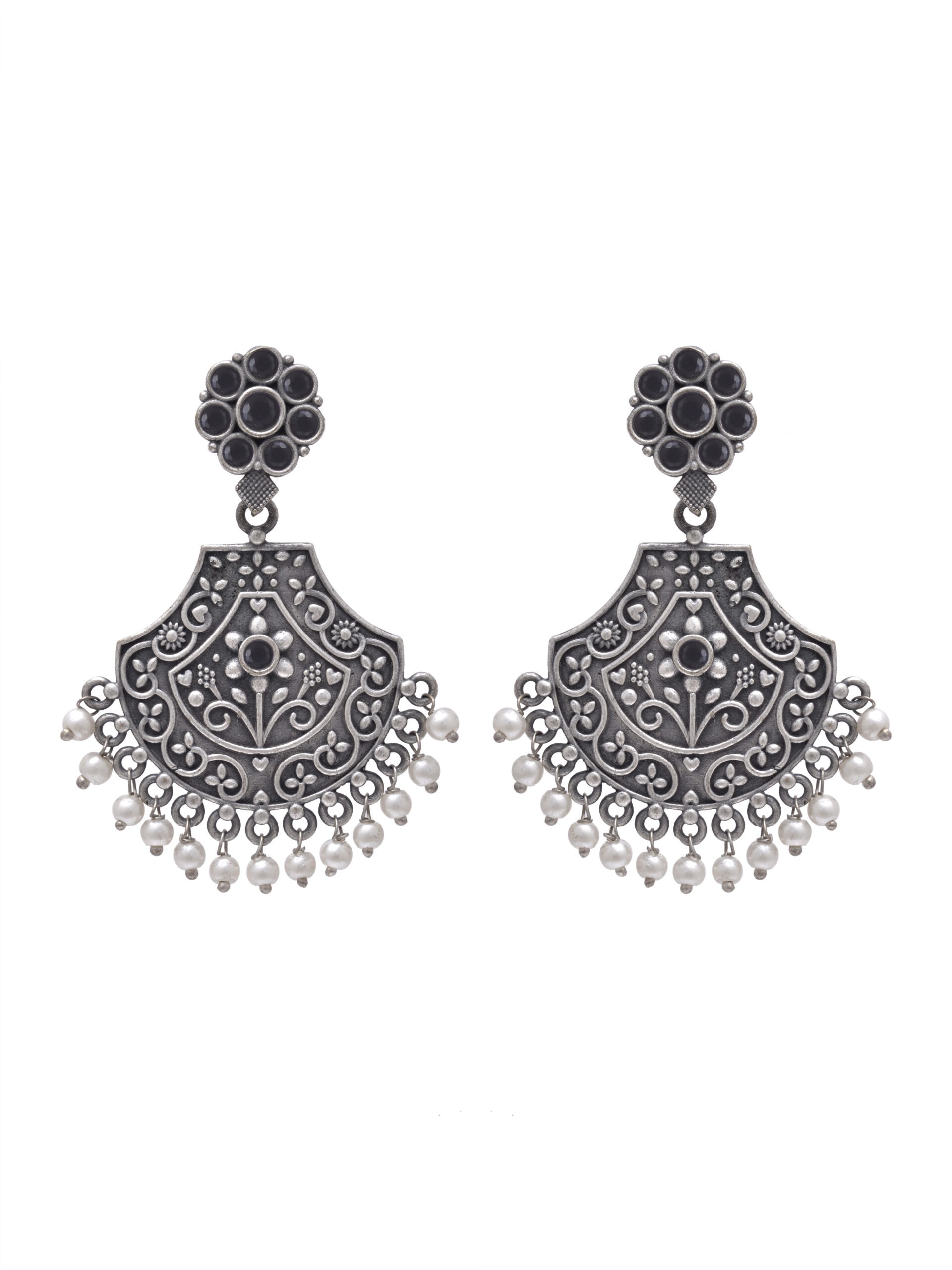 Black Stone Chandbali Earrings with Pearl Drops Black Stone Chandbali Earrings with Pearl Drops
