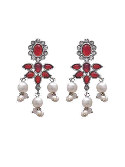 Red Stone Pearl Drop Earrings
