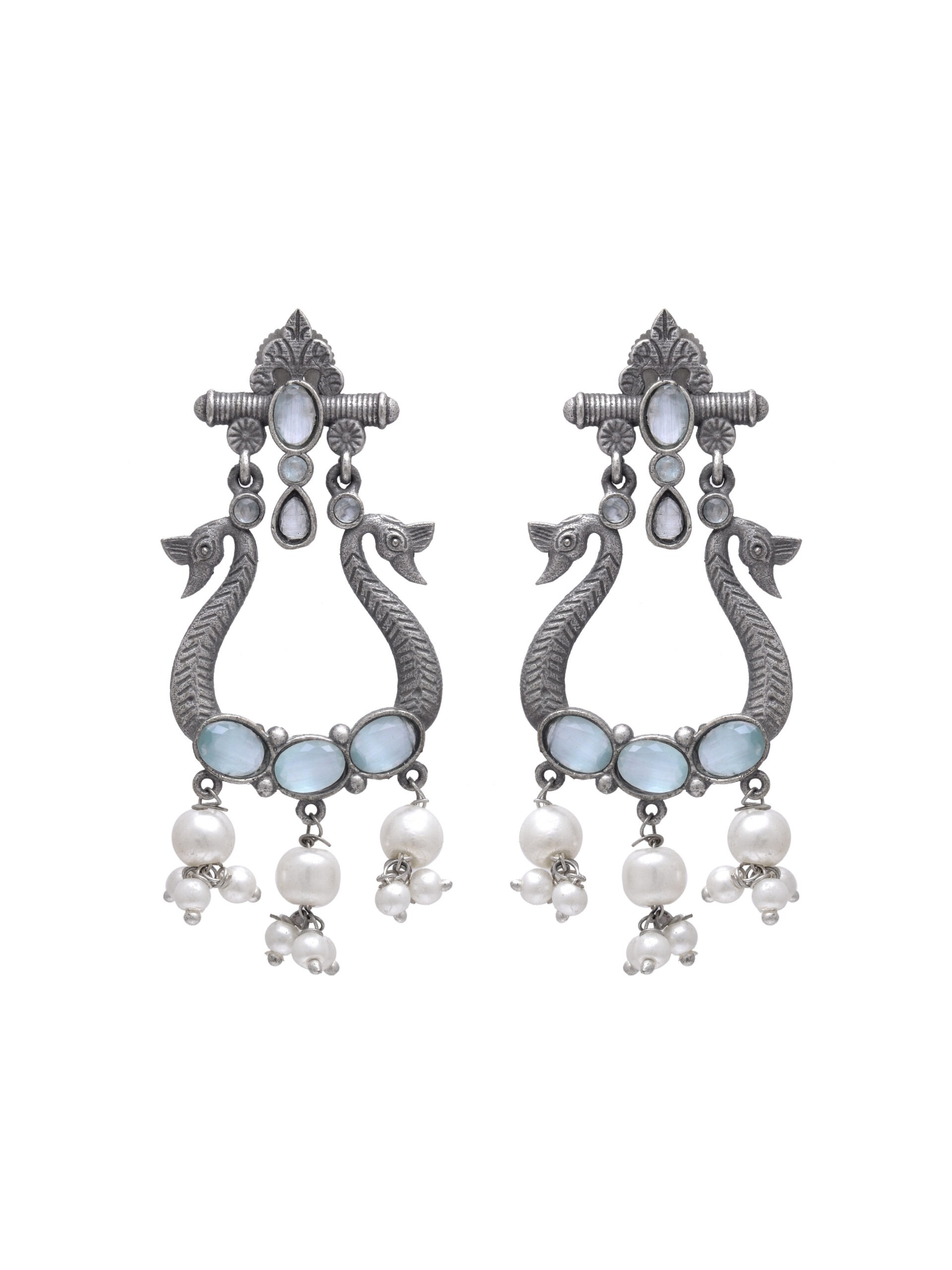 Swan Earrings with Sky Blue Stones & Pearl Drops Swan Earrings with Sky Blue Stones & Pearl Drops