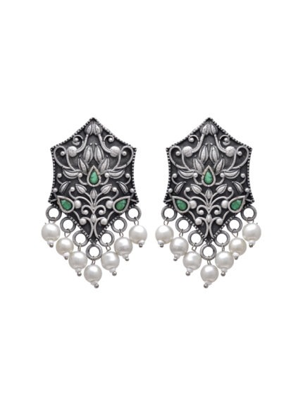 Emerald Bloom Earrings with Pearl Fringe