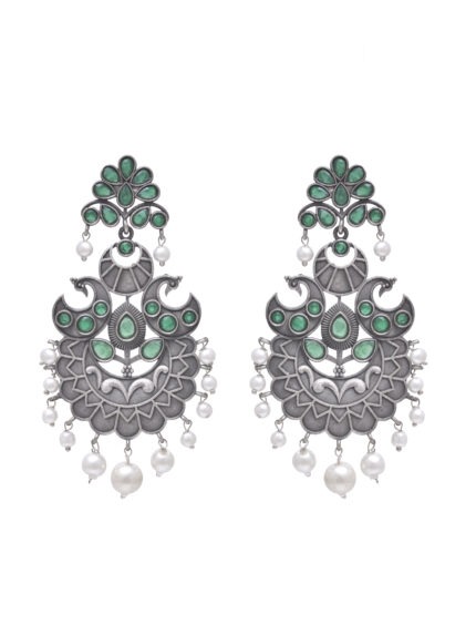 Lotus Bloom Chandbali Earrings with Green Stones