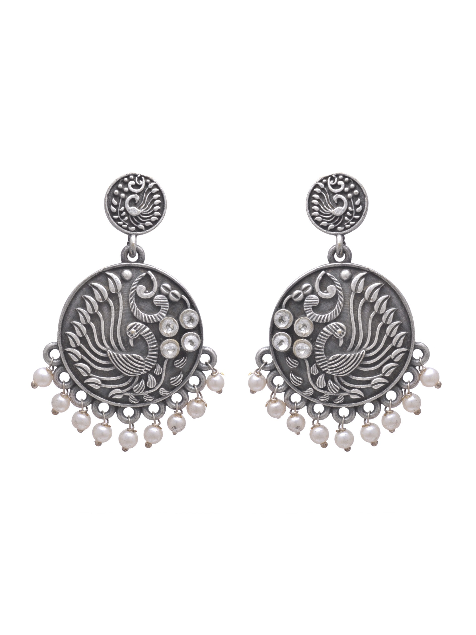 Peacock Medallion Earrings with Pearl Fringe Peacock Medallion Earrings with Pearl Fringe