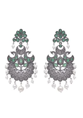 Lotus Bloom Chandbali Earrings with Green Stones