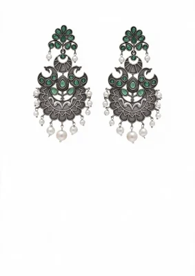Lotus Bloom Chandbali Earrings with Green Stones,contrast studios